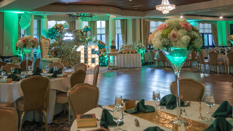 Party room with many decorated tables